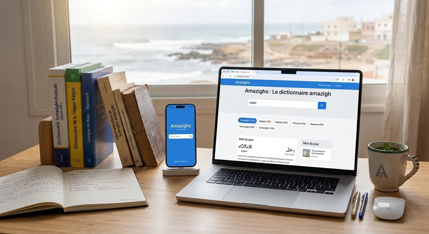 Ordinateur portable affichant le dictionnaire amazigh Amazigho, smartphone et dictionnaires de tamazight et de kabyle sur un bureau devant la mer