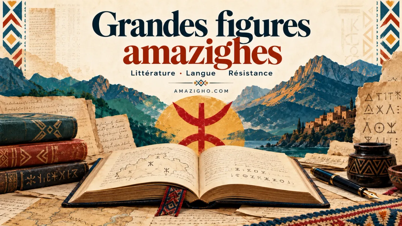 Grandes figures amazighes : littérature, langue, résistance — livres anciens, manuscrits aux caractères tifinagh, plume et paysages de montagnes autour du symbole amazigh