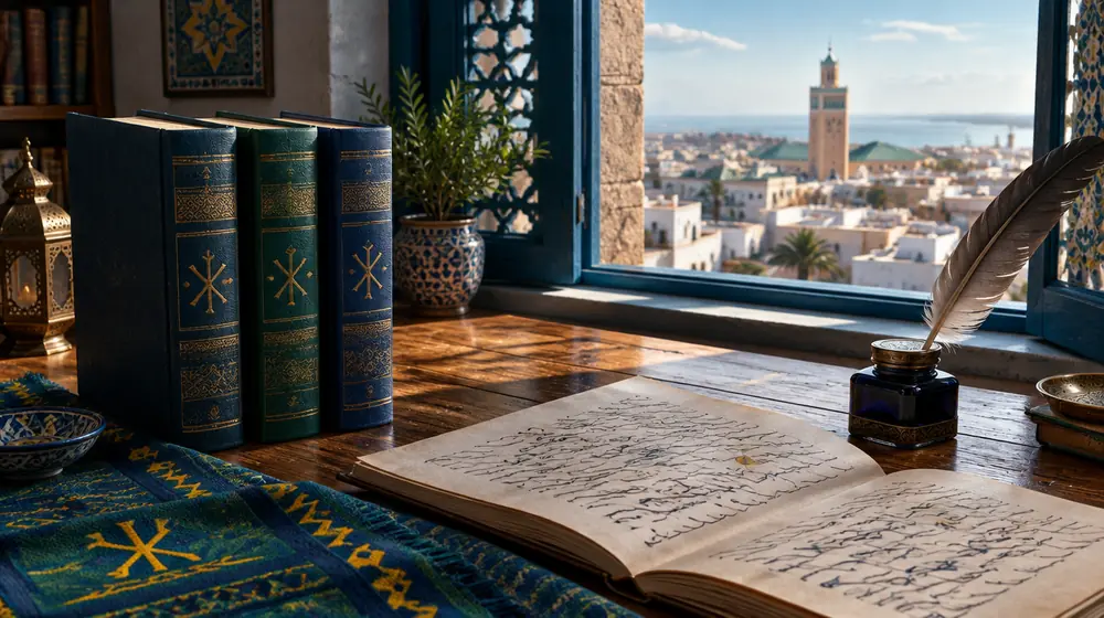 Trois volumes de dictionnaire, un manuscrit et une plume sur un bureau devant une fenêtre ouverte sur les toits de Rabat